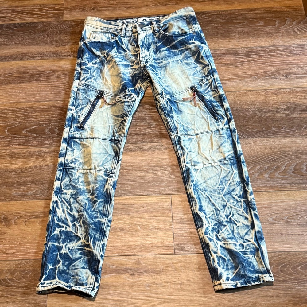 Red Ape Vintage Mens Acid Wash Moto Jeans Crinkle Zipper Detail Streetwear 32x30